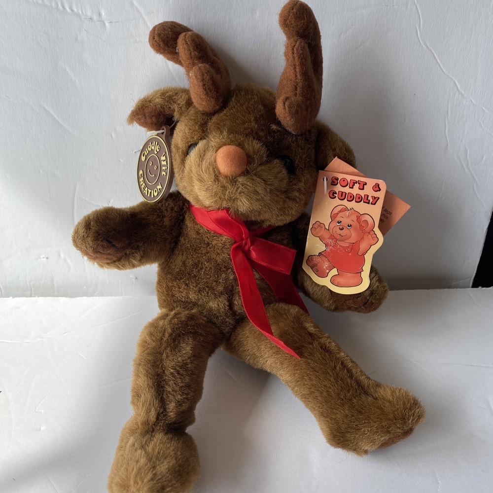 Vintage 1989 Cuddle Wit Plush Reindeer New with Tags Brown red bow 11"